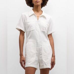 RIVET UTILITY Runaround Zip Front Romper White Linen Short Sleeve Pockets Collar